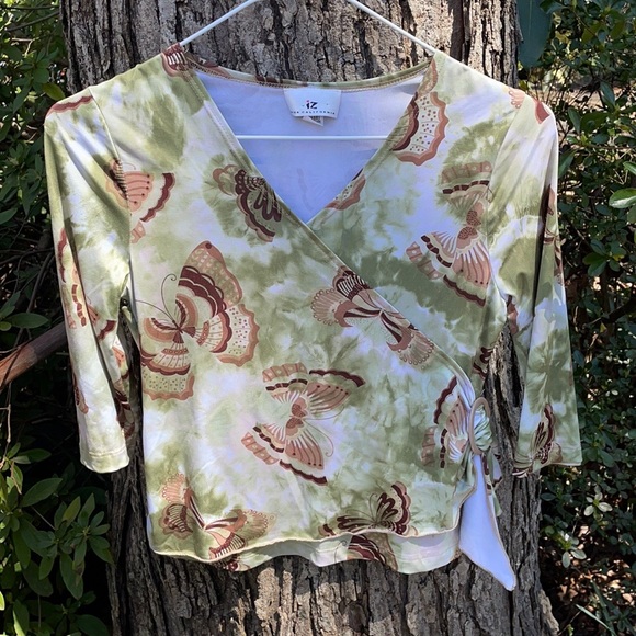 Iz Byer Other - IZ Byer California V-neck Wrap Green & Brown Butterfly Dress Shirt Blouse XL 16